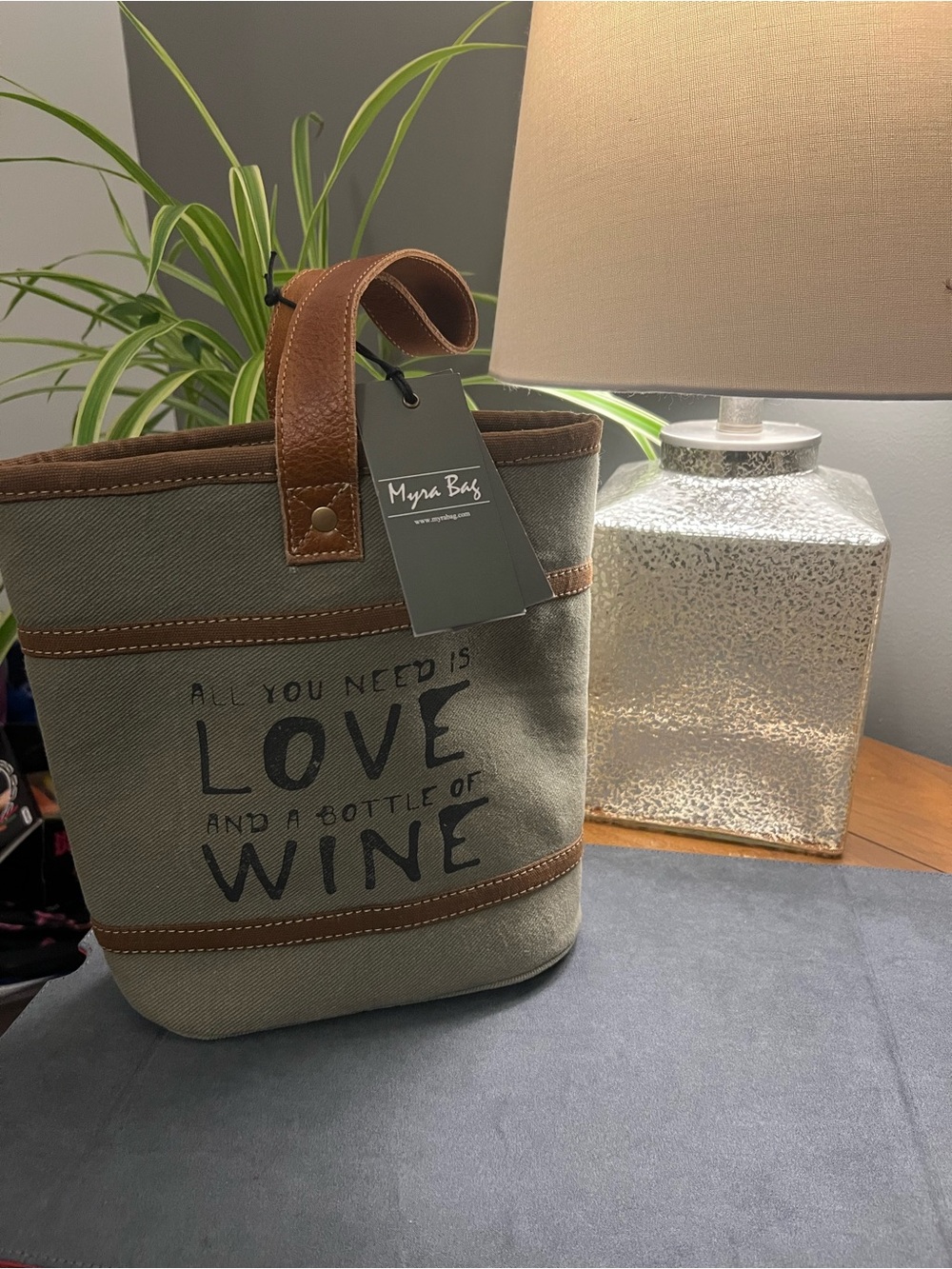 Myra Bag Olive Canvas Tote with Brown Trim and Tag